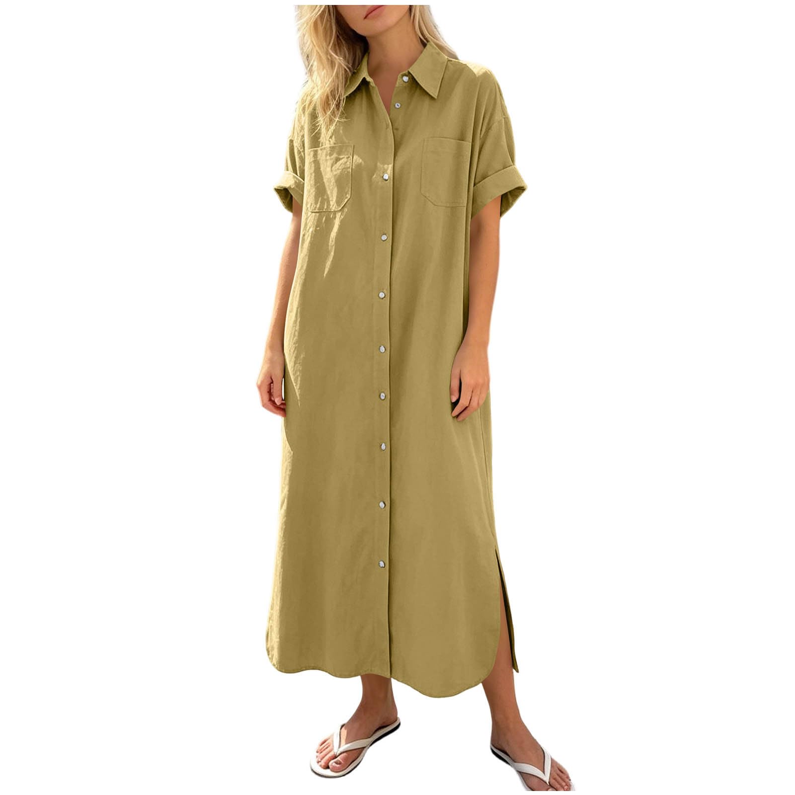Sommerkleid Damen Lang Baumwolle Leinen Maxikleid Musselin A-Linie Casual Freizeitkleid Kurzarm Leinenkleid V-Ausschnitt Blusenkleid Leicht Luftig Shirtkleider Strandkleid Mit Taschen