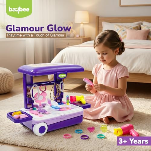 Image of Baybee Beauty Set Toys for Girls | Kids Makeup Set with Trolley Suitcase, Pretend Role Play Toys with Make up Table, Hair Accessories & Styling Tools, Portable Toy Set for Girls 3+ Years (Purple)