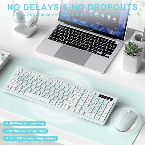 Image of Wireless Keyboard and Mouse Combo, Full-Sized Wireless Keyboard and Adjustable DPI Mouse, 2.4GHz USB Receiver, Keyboard and Mouse for PC, Windows, Desktop, Laptop (Mint Green and White)