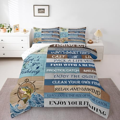 Image of Feelyou Kids Happy Camping Bedding Set King Size, Bass Fish Duvet Insert Fishing Rules Comforter Set Boys Girls Rustic Teens Bedroom Decor 3Pcs
