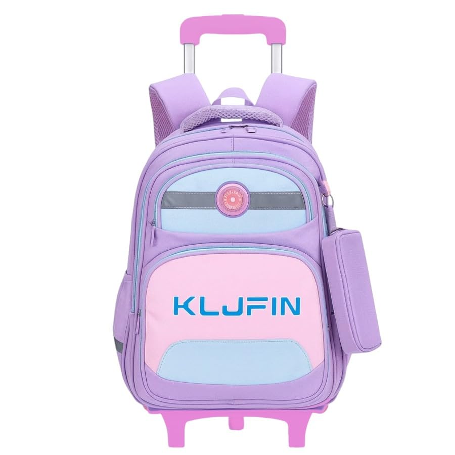 Mochila Escolar com Rodinhas LED, Kit com Estojo, 3 Compartimentos, carrinho mochila escolar infantil para meninos e meninas de 6 a 12 anos (Lílas com rosa)