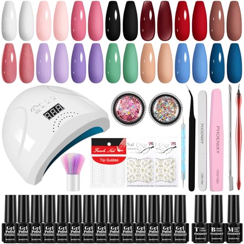 Phoenixy Kit Uñas Semipermanentes, 14 Colores Uñas Semipermanentes Kit Completo con Capa Base y Capa Superior, Kit de Uñas Semipermanentes con 48W LED Lámpara para Mujeres Arte de Uñas DIY en Casa