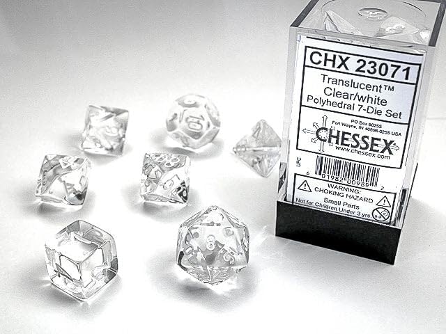 Chessex Translucent Dice Clear with White, 1.8-inches Diameter, Set of 7