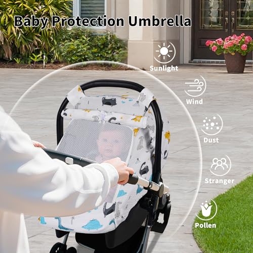 Image of Rquite Car Seat Cover Baby, Carseat Covers Girl Boy, Breathable Muslin Cotton, Large Mesh Window, Infant Car Seat Canopy Baby Carrier Cover Stroller Sun Shade for Summer & Hot Day