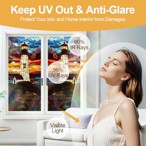 Image of Lighthouse Coastal Sunset Stained Glass Window Film 17.32x39.37in