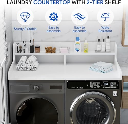 WUDLEP 2 Ebenen Waschmaschine Trockner Schrank, 137.2 cm x 69.8 cm Holz-Waschtrocknerregal mit Kante, Waschkammer Tresenplatte mit Lagerplatz für Waschküchen und Küchen,