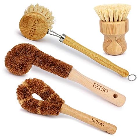 Natural Kitchen Brush Bamboo Dish Scrub Brush, Ezeso Cleaning Brush Set 4 Piece, Wooden Pot Cleaning Brush Bottle Brush Cover
