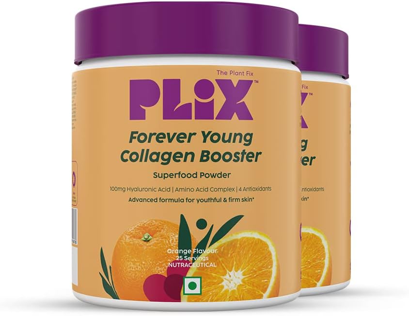 PLIX Collagen Supplement Powder to support Skin Elasticity, Firmness & Youthful Glow | 100% Plant-based with Hyaluronic Acid & Vitamin C | For Women & Men | Orange Flavour, Pack of 2