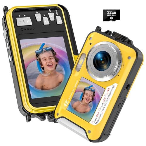 Image of 4K Underwater Camera 64MP Autofocus 16FT Waterproof Camera Dual-Screen Selfie 16X Underwater Camera for Snorkeling Waterproof Compact Floatable Digital Camera with 32GB Card,Yellow