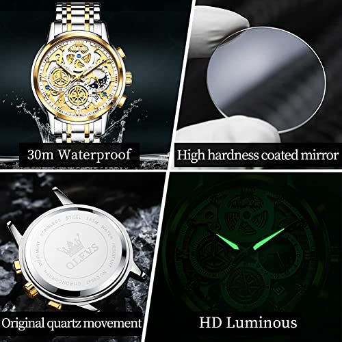 Image of OLEVS Mens Original Skeleton Luxury Business Analog Quartz Wrist Watches | Big Face Chronograph watch for men,stylish dress Gift,Stainless Steel ,Waterproof Luminous,Easy to Read