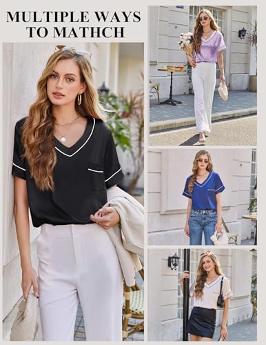 Image of Silk Pajamas for Women Short Sleeve Satin 2 Piece Pj Set Soft V Neck Sleepwear Loungewear, S-XXL