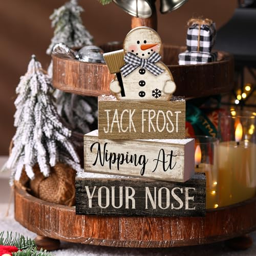 Image of Moucuny 4 Pcs Christmas Table Decor Wooden Snowman Black and White Winter Tiered Tray Decor Rustic Decorative Snowman Block Sign Gifts Christmas Centerpiece Rustic Winter Decorations for Home Kitchen