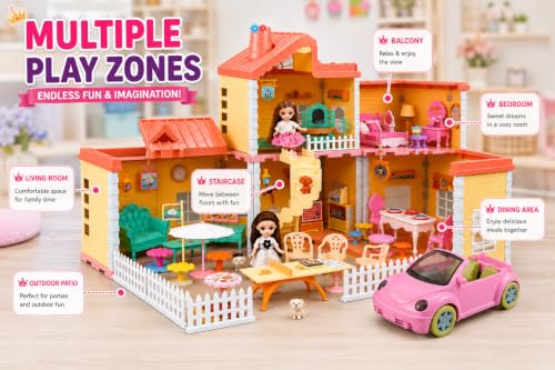Image of 176 PCS Princesss Doll House Playset with Smoke Effect, Furniture, Dolls & Pink Car