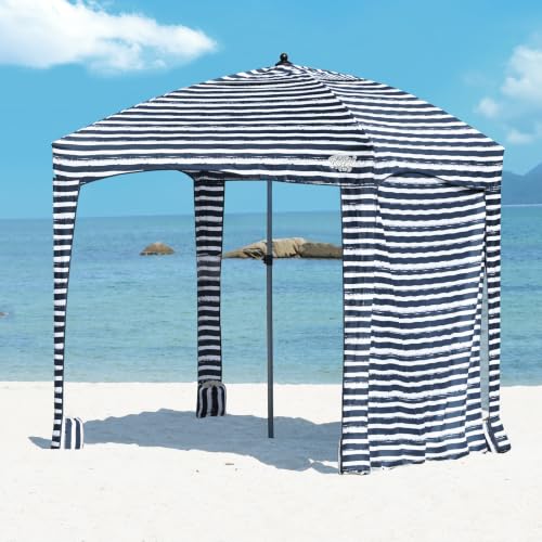 Image of Qipi Beach Cabanas for Sand, Beach Canopy with Sandbags & Side Wall for Family, Easy Set Up Sun Shelter, UPF 50+ UV Protection with Roof Vent 6' x 6' A-Sailor Stripes | 6' x 6' Size, 3-4 Person, Detachable Side Wall, UPF 50+, Wind-Resistant, Storage Pockets, Easy Set Up, Roof Ven