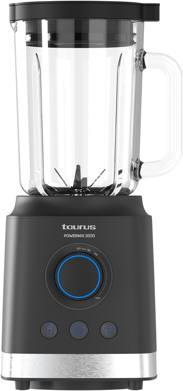 Taurus - Batidora de Vaso de Alta Potencia Powermix 2000 W | Jarra de Cristal 1,8 L | Cuchillas de Acero Inoxidable Extraíbles | 2 Funciones Automáticas + Turbo | Sistema de Seguridad | Libre de BPA