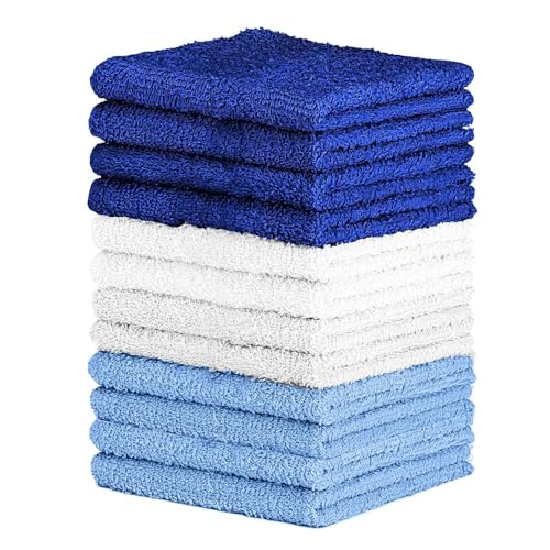 Image of QUBA LINEN 100% Cotton Washcloth Set - Soft, Absorbent Face Towels for Bathroom & Gym Use - Durable & Reusable Wash Cloths - (Blue, White and Navy (12x12), (Pack of 12)
