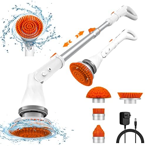 Electric Spin Scrubber - Cordless Spin Scrubber for Cleaning, Power Scrubber for Bathroom with 4 Replaceable Brush Heads & Adjustable Extension Handle, Electric Cleaning Brush for Tub, Tile, Floor