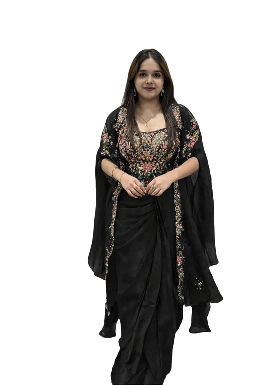 flysta Women Sharara Set with Embroidered Blouse and Long Shrug Natural Crepe Fabric Fully Stitched Ethnic Outfit-picture-10