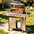 LazySunsets Luxury 4-Burner Propane Outdoor Grill, 49000 BTU All-weather Stainless Steel BBQ Grill with Side Burner for Outdoor, Cast Iron Grates & Side Tables for Backyard Patio Camping, Silver