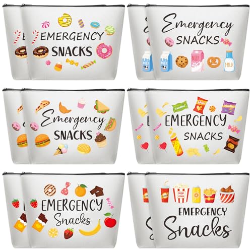 12 Pcs Emergency Snack Bags Bulk Food Makeup Bag Foodie Zipper Cosmetic Pouch Reusable Emergency Snack Pouch for Women Girls Trip Gifts Favors School Work Travel Organizer