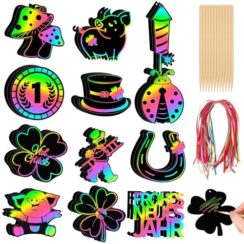JULMELON 36 Stück Silvester Kratzbilder für Kinder, Silvester Spiele Glücksbringer Kratzbilder 2026 Silvester Basteln für Neujahr Deko Geschenke Zeichnen