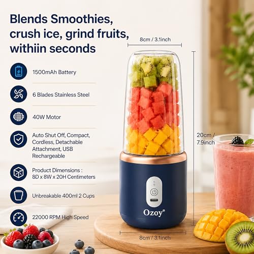 Image of Juicer for Home ^ CITRODA Juicer Mixer Grinder with 1500mAh Battery, 6 Blades 3Gears Fast Blending, 2-Jar Capacity (400ml*2) | 40 Watts Bullet Rechargeable Portable Personal Juicer (Navyblue)