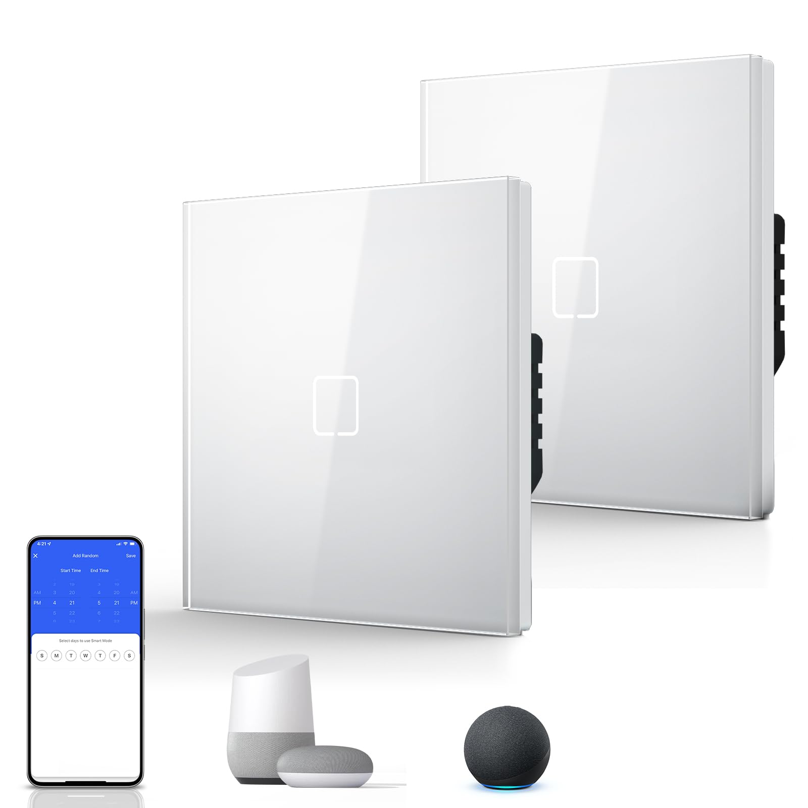 BSEED Smart Touch Light Switch,WIFI Rocker Wall Light Switches with Glass Panel,Push-button with LED Backlight,Horizontal & Vertical Mounting,Neutral Wire Required,1 Gang 2 Way-2 Pack,86mm White — image 1