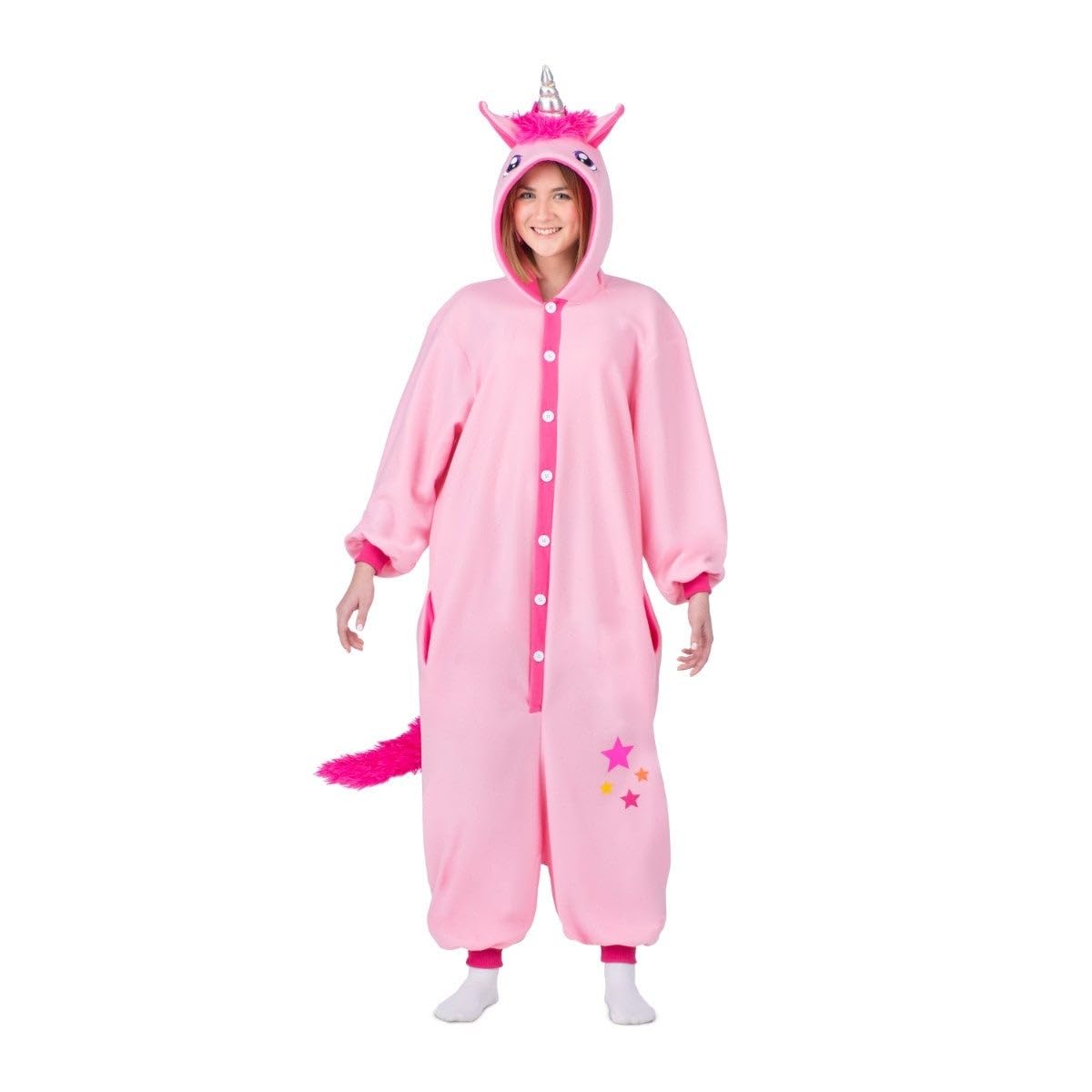 My Other Me - Disfraz Unicornio adulto unisex | Incluye mono rosa con capucha con cuerno, orejas, melena bicolor y ojos, cierre de botones, cola de peluche y estrellas