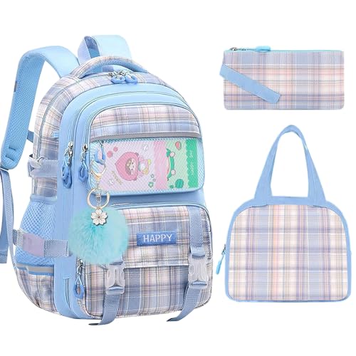 WYCY Kawaii Girls Backpack with Lunch Box | Travel Daypacks for Kids & Teens | Blue Bookbag with Laptop Compartment