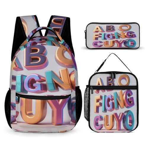 Colorful Letters Printed Backpack With Lunch Pack Storage Box Case 3pcs Lightweight Travel Backpack