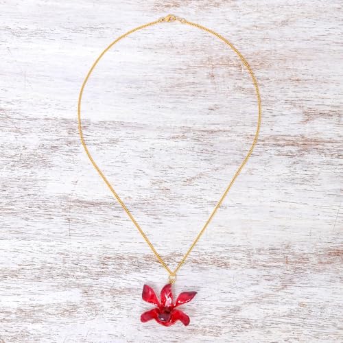 NOVICA Artisan Handmade Gold Accented Natural Orchid Pendant Necklace Redpurple Plated Flower Leaf Thailand Floral [necklace Length 18.5 in L Necklace Width 2 mm W Pendant(s) 1.2 in L x 1.6 ]2