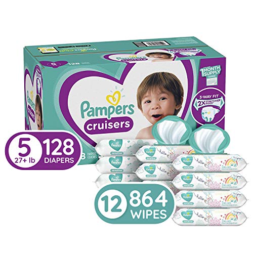 Diapers Size 5, 128 Count and Baby Wipes - Pampers Cruisers Disposable Baby Diapers, ONE Month Supply with Pampers Sensitive Water Baby Wipes, 12X Pop-Top Packs, 864 Count (Packaging May Vary)