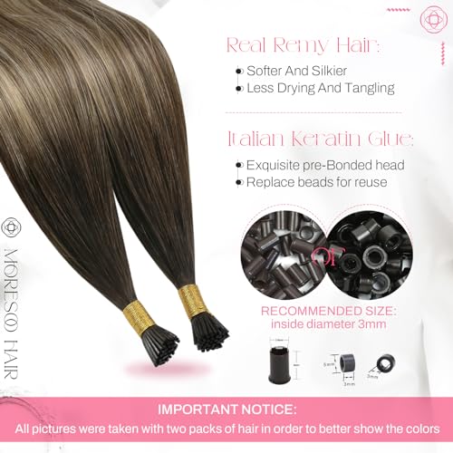 Image of Moresoo I Tip Hair Extensions Human Hair Golden Brown Blonde Ombre 14 Inch | 40g 50 strands, lightweight i tip hair extensions for fine hair, adds targeted fullness for parties and daily styling