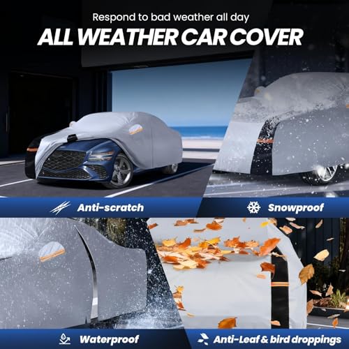 Image of Multi-Layer Car Cover Custom Fit for Genesis G80 (2016-2026), 100% Waterproof All Weather for Automobiles, Gift with Towel, Heavy Duty Car Covers for Rain Sun UV Protection with Door Zipper.