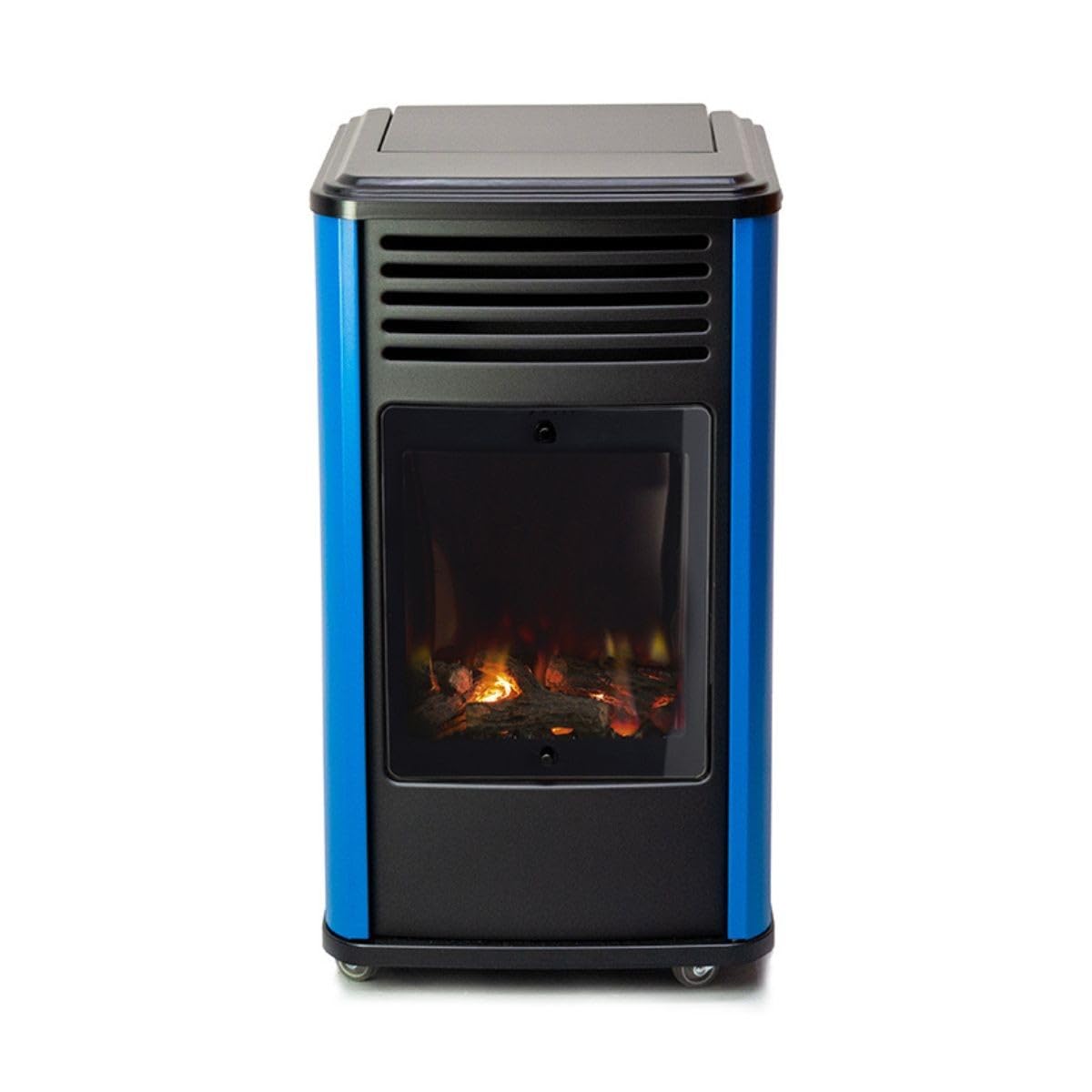 Sahara - Poêle à gaz 3,4KW Bleu et Noir Effet poêle à Bois Manhattan Chauffage d'appoint + Tuyau gaz + Détendeur Butane
