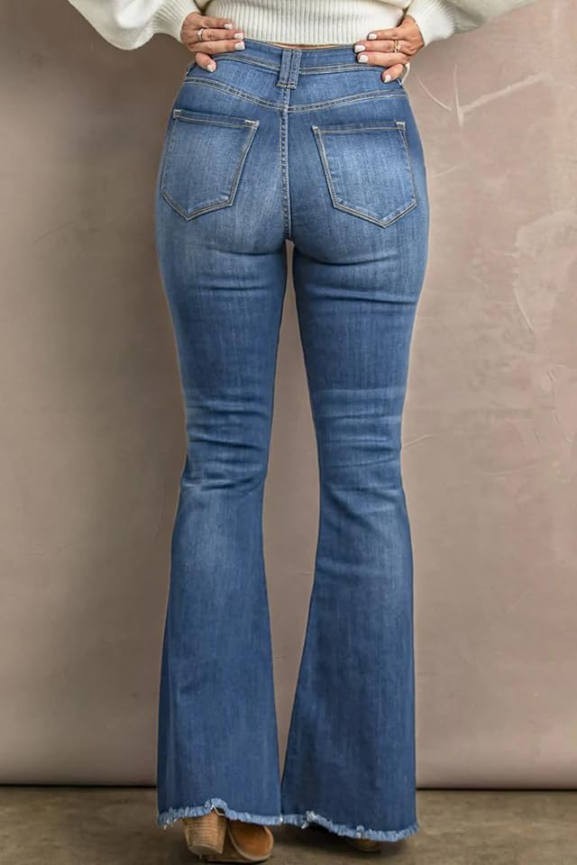 High Waisted Flare Jeans for Women Stretchy Wide Leg Distressed Raw Hem Buttonfly Denim Pants 2024 Fall Fashion4