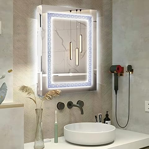 Janboe Stainless Steel LED Lighted Bathroom Medicine Cabinet with Mirror, 20 x 28 Inch Cover