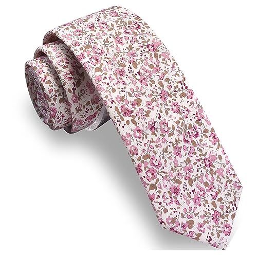 Image of GUSLESON Fashion 2.4 inch（6cm） Floral Skinny Tie for Men Slim Flower Print Cotton Necktie for Wedding Party