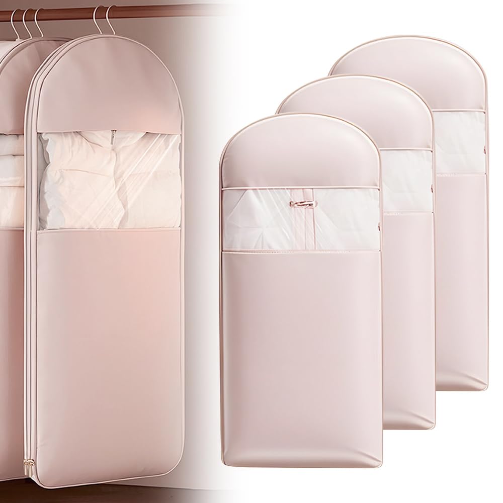 Space Saving Hanging Garment Bag with Self Compression Zipper, 2025 New Lightweight Clothes Dust Cover Storage Bag, Multifunctional Wardrobe Organizer for Travelers (Pink, Large)