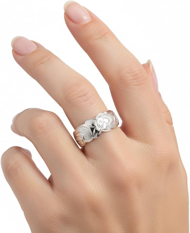 925 Sterling Silver 8mm Hawaiian Princess Plumeria Flower Scroll Promise Ring Stackable Wedding Engagement Band, Nickel Free Hypoallergenic for Sensitive Skin, Gift Box Included - Image 3