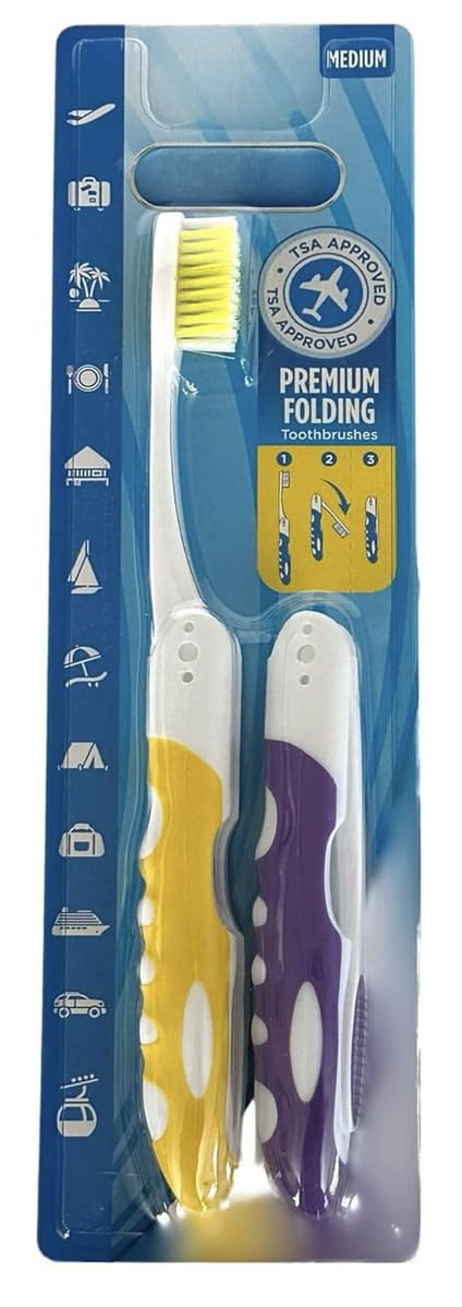Pack of 2pc Comfort Hold Travel Toothbrush On The Go Folding Medium Bristle Brushes Compact Size Ergonomic Foldable Tooth Brush Camping Gym School