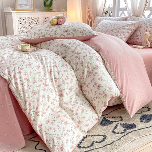 Image of VM VOUGEMARKET Girl's Pink Flower Duvet Cover Set, Twin, Pink White