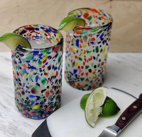 Set of 6 x 14oz Mouth-Blown Mexican Glass Glasses with Confetti and Stone Design