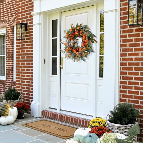 Image of 24 Inch Harvest Fall Wreaths for Front Door Outside with Bow & Red Berries | Artificial Autumn Leaf Wreaths with Lifelike Orange Camellia-Rustic Farmhouse Mantel Porch Decor for Thanksgiving Halloween
