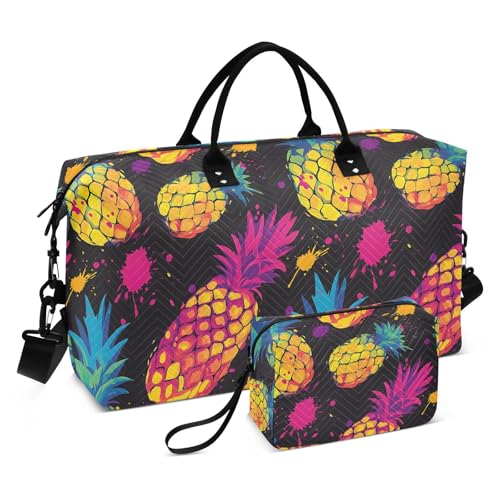 Colorful Dot Pineapple Fruit Large Travel Duffle Bag Weekender Overnight Bags Gym Yoga Bag for Women Men with Toiletry Bag