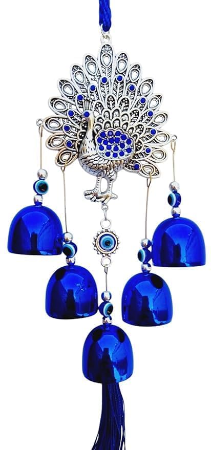 SUBHARTI Moor 5 Bell Silver Hanging Decor | Peacock Evil Eye Wall Hanging Ornament | Blue Metallic Decorative Wind Chime for Home Living Room Office | Positive Energy Gift Item | 1Pcs-picture-27