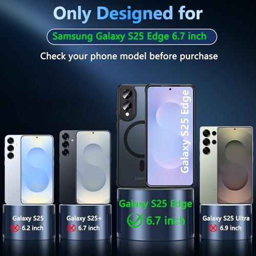 Image of OWKEY for Samsung Galaxy S25 Edge Case 6.7'', Magnetic S25 Edge Case for Magsafe with Tempered Glass Screen, [Shockproof Military] Translucent Back Slim Bumper Cover Phone Case s25 Edge, Black