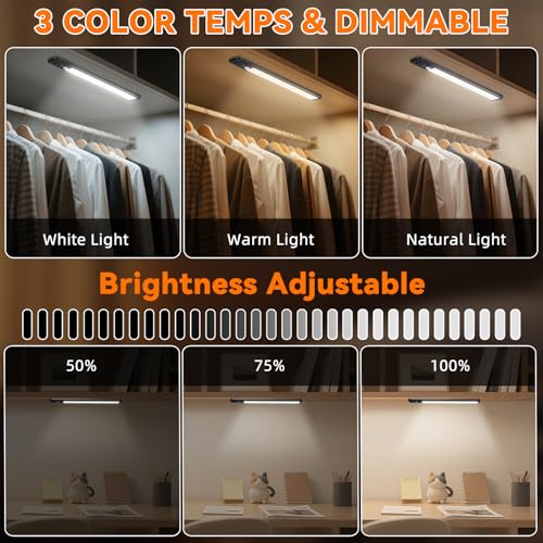 Image of Under Cabinet Lighting Wireless, 15inch Rechargeable Motion Sensor Light Indoor, 3 Color Closet Light Battery Operated with LED Power Display, Magnetic Under Counter Lights for Kitchen (3Pack-Black)
