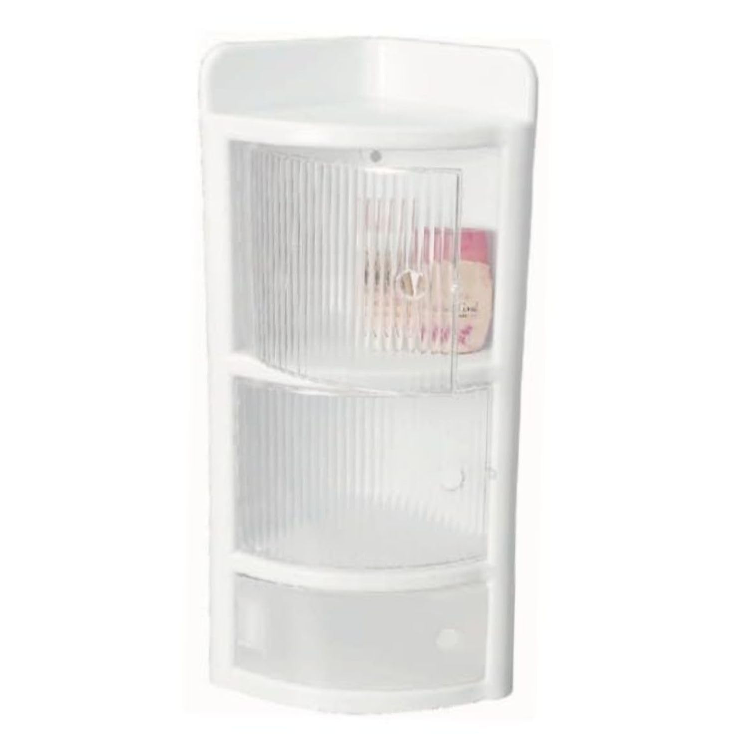 3 Tier Bathroom Corner Shelf, Wall Mounted Storage Shelf with 3 Translucent Doors, Premium Plastic Cabinet for Kitchen, Bathroom