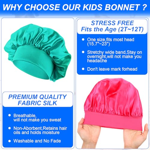 3 Pcs Satin Kid Bonnets Curly Hair Wrap Girl Silk Sleeping Hat Boy Elastic Wide Band Bonnet Sleep Cap for Children Natural Long Short (US, Numeric GO, Medium, X-Large, Rose red, Green, Purple)3
